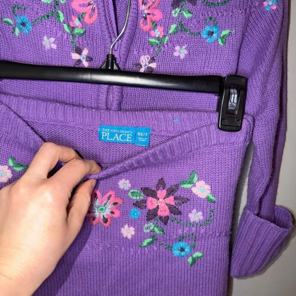 purple floral embroidered mini skirt zip up jacket set vintage girls 6T 7T